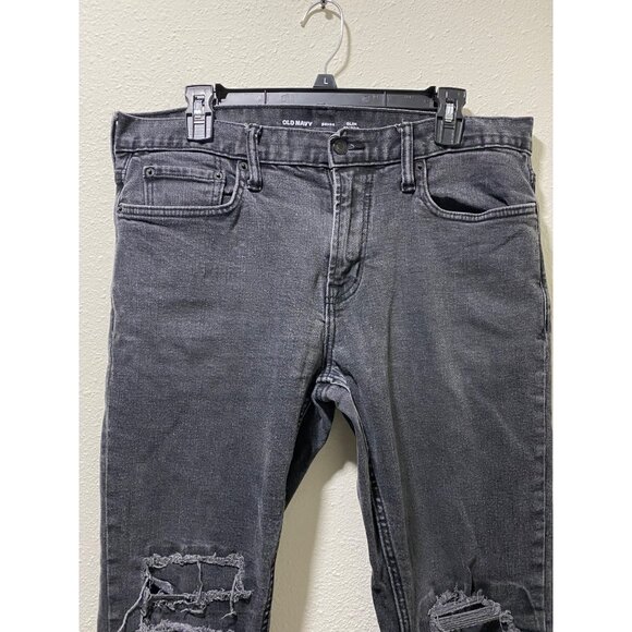 Old Navy Slim BuiltIn Flex Jeans Mens 34x32 Washed Black Distressed Ripped Knees - Picture 3 of 13